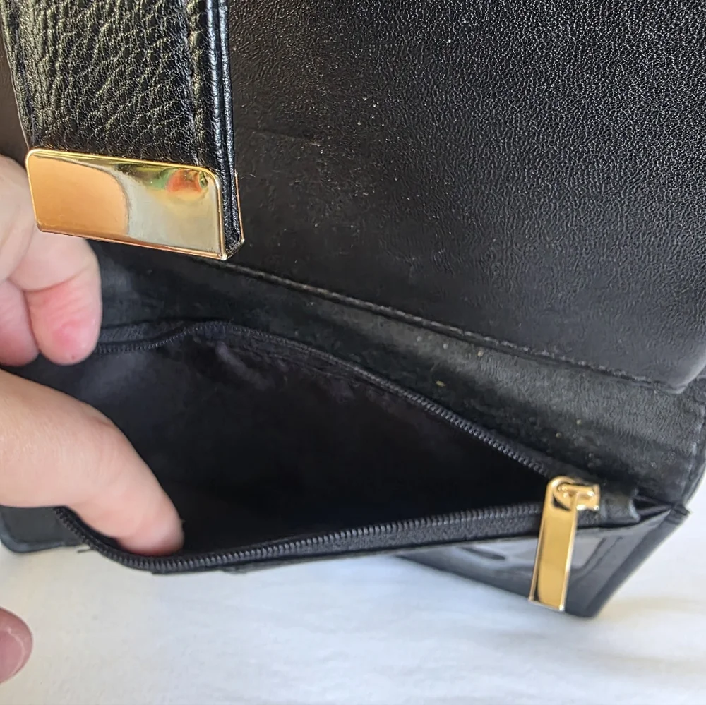Black Faux Leather Bi Fold Wallet with Gold Snap Accent